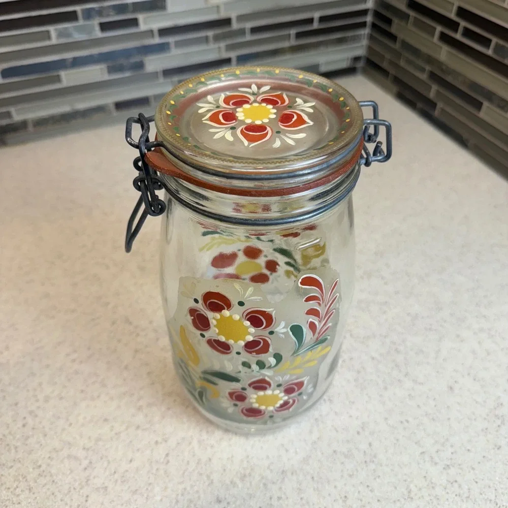 Vintage‎ 1982 Luppino Hand Painted Floral Glass Canister 1.5L Wire Bale Jar